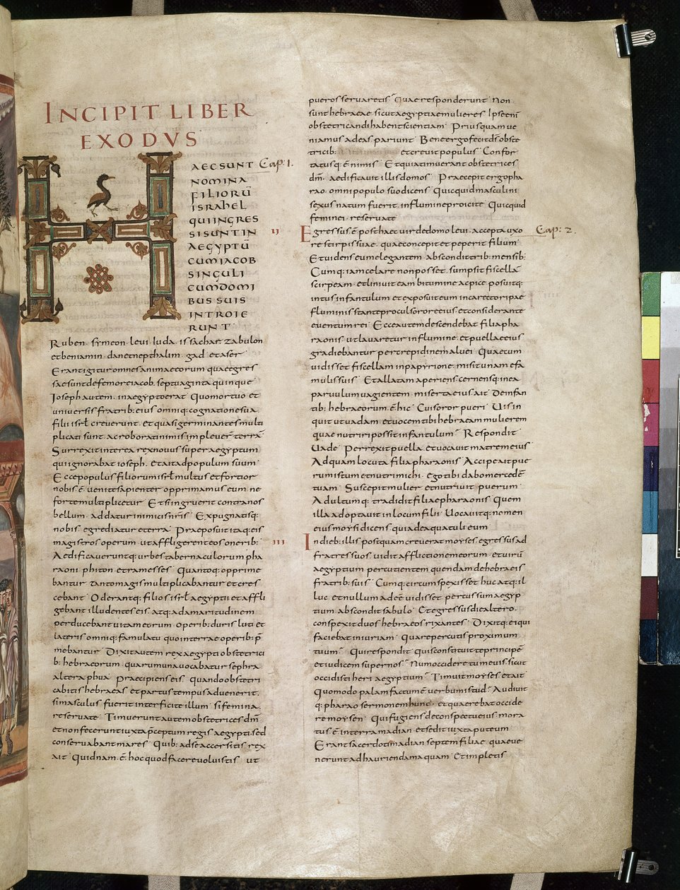 Moutier-Grandval 聖書のイニシャル「H」が装飾された、出エジプト記の冒頭、 作： フランス語学校