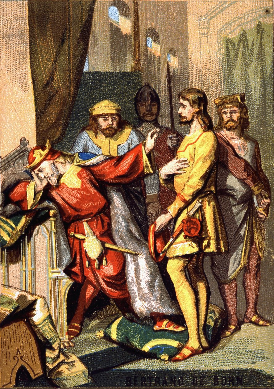 イングランドのヘンリー2世（1133年～1189年）の前にオートフォールの領主となったトルバドゥールのペリゴーダン、Bertran (Bertrand) de Born（1140年～1215年）。シリーズ「映像による愛国教育」のクロモリトグラフ。 作： フランス語学校