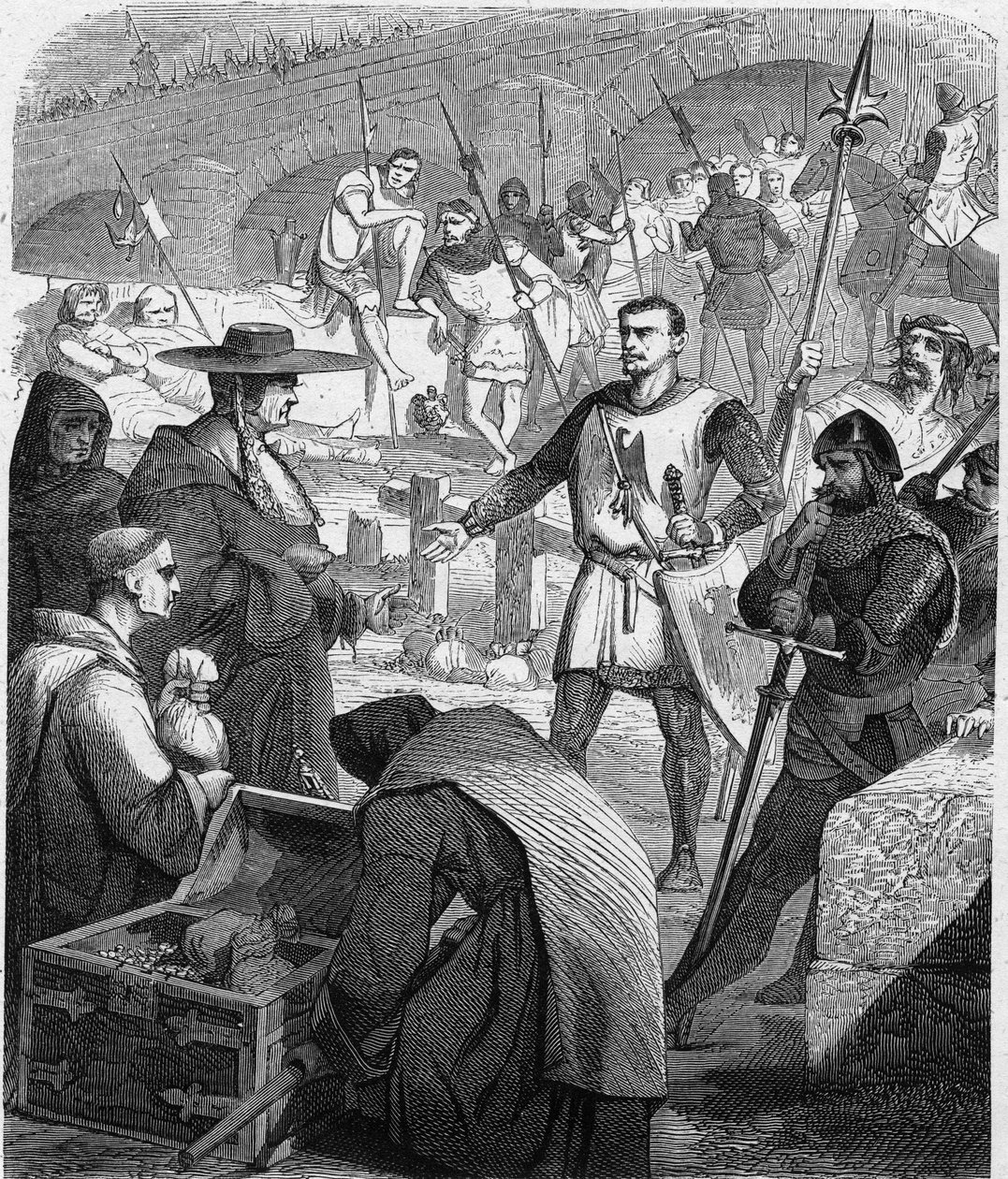 Bertrand du Guesclin (Duguesclin) (v.1320-1380)は、アヴィニョンの住民からお金を受け取ることを拒否したフランスのコネタブル。Histoire De France En Cent Paintings by Paul Lehugeur "1891 "に掲載された版画。 作： フランス語学校