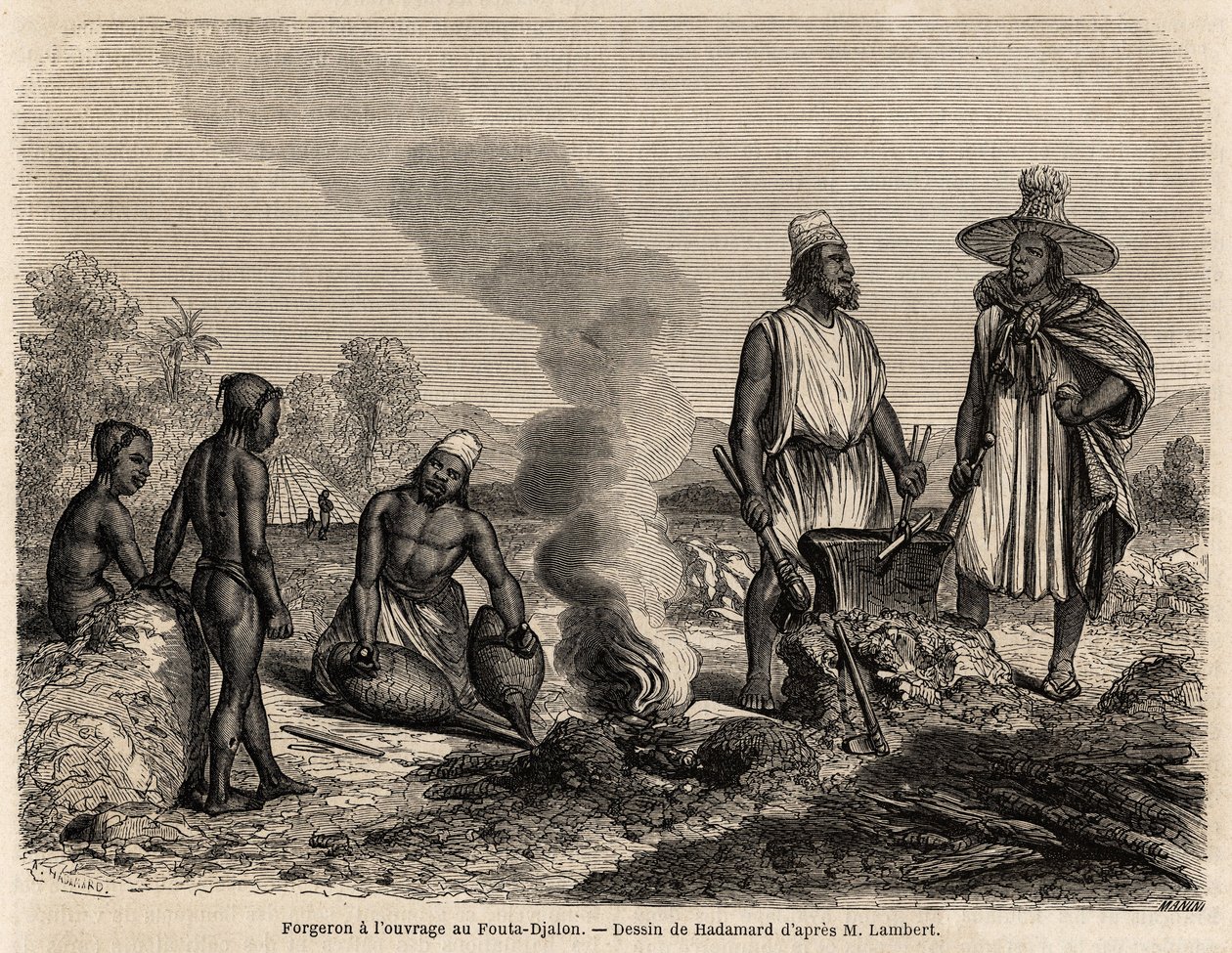 Fouta Djalon（セネガル）で鍛冶屋が仕事をしている様子。1860年にランバート中尉がFouta Djalonへの旅を説明するためにHadamardが描いたもの。1861年の "Le tour du monde "に掲載されたエングレーヴィング。セルバのコレクション。 作： フランス語学校