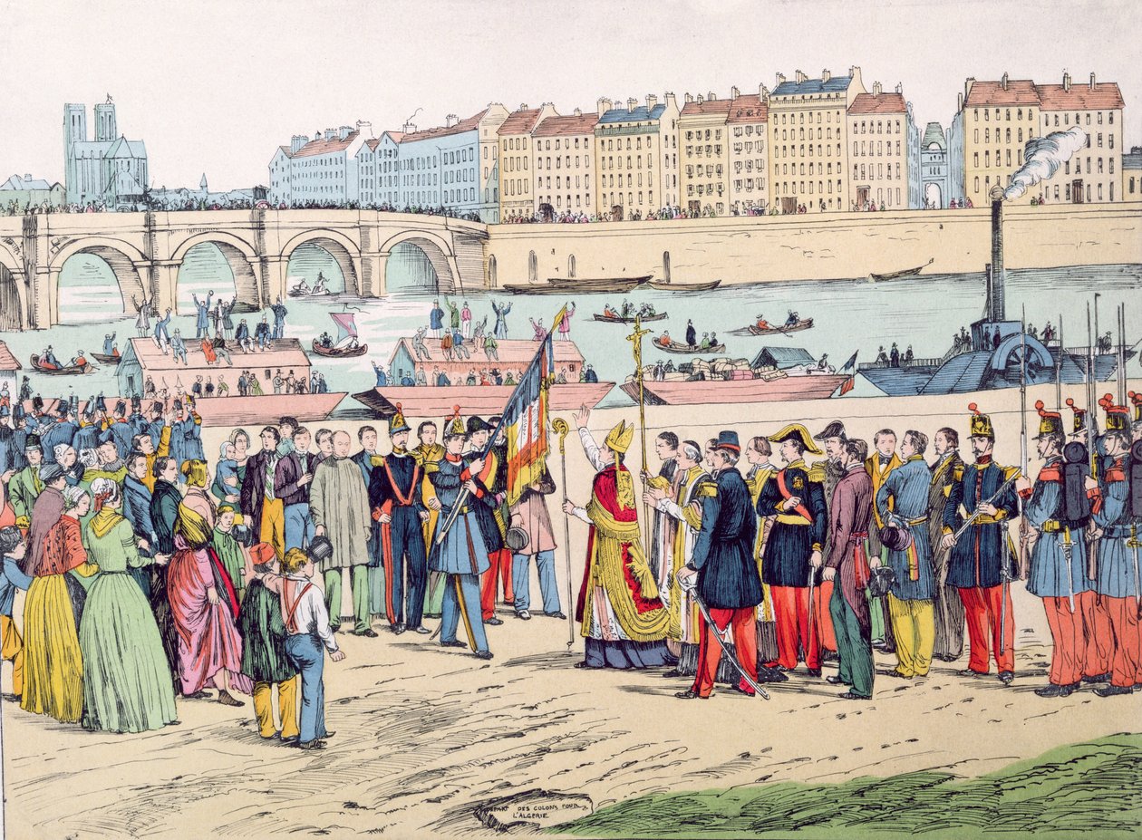 1843年、1935年にアルジェリアの入植者が出発する前のパリの旗の祝福 作： フランス語学校
