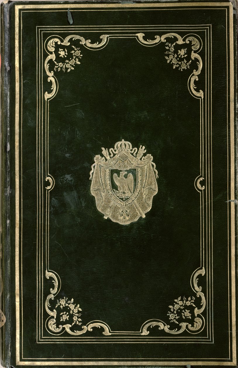 ナポレオンボナパルト（1769-1821）の紋章付きの本の装丁（緑の革と金） 作： フランス語学校