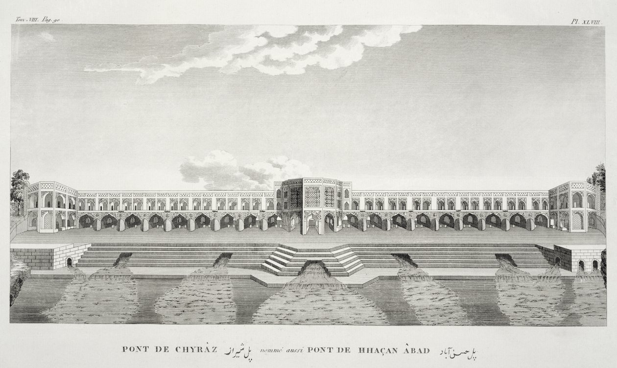 シラーズ橋、イスファハン、1811年に出版されたジャンシャルダン（1643-1713）による、シュヴェリエシャルダンアンペルスの航海から 作： フランス語学校