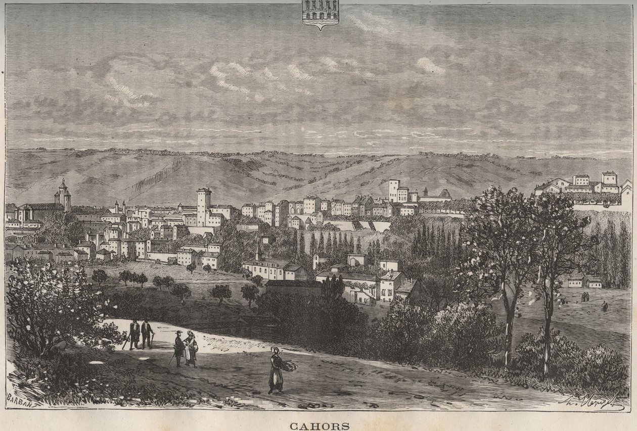 Cahors - Lot - Midi-Pyrenees - V.A. Malt-Brownの "La France illustree: geographie, histoire, administration statistique "に掲載された彫刻。1884 作： フランス語学校