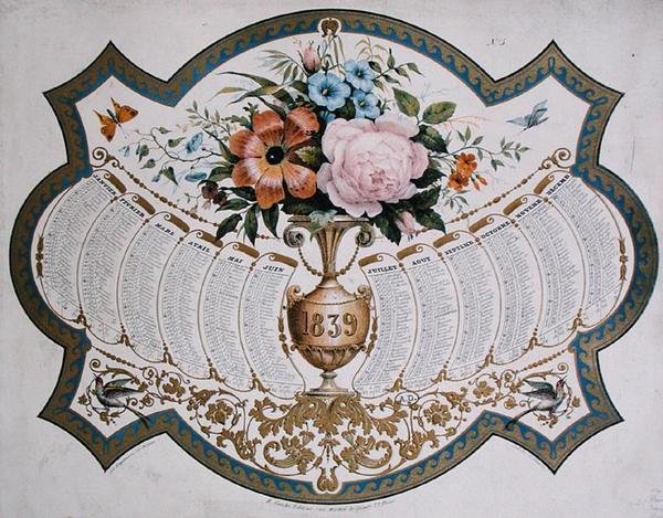 1839年のカレンダー、ゴデフロイ・エンゲルマン（1788-1839）の彫刻（1838年頃）（カラーリトグラフ 作： フランス語学校