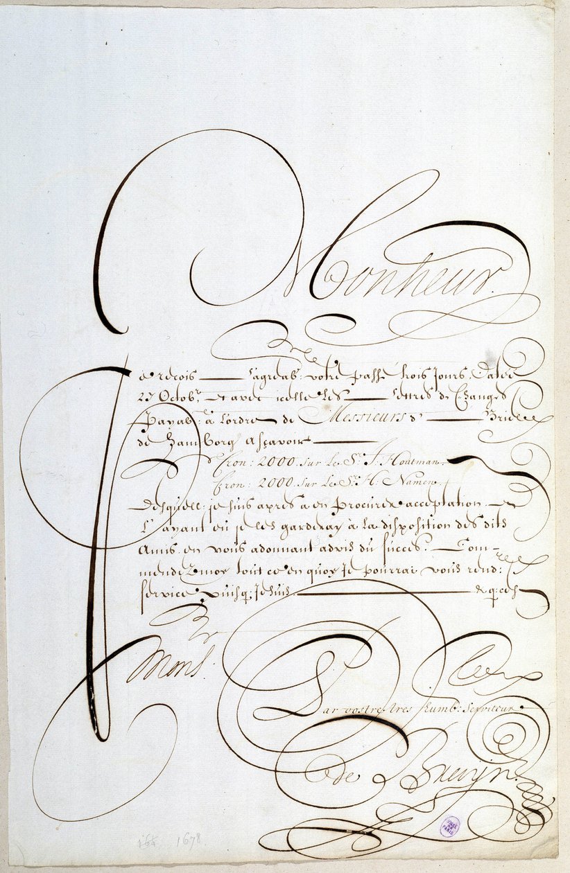 カリグラフィー。1678年頃にフランソワ・ドゥ・ブルインが書したアカウントレター。 作： フランス語学校
