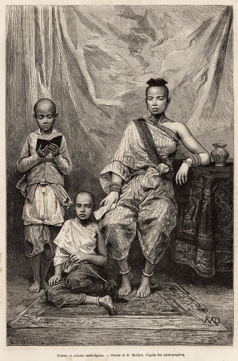 カンボジアの女性と子供たち、1872年にモリス医師が行ったコチンチンへの航海を描いたD.Maillartの絵をもとにしたエングレーヴィング、「Le tour du monde」1875年、エドゥアール・シャルトン編、アシェット版、パリセルバ・コレクション。 作： フランス語学校
