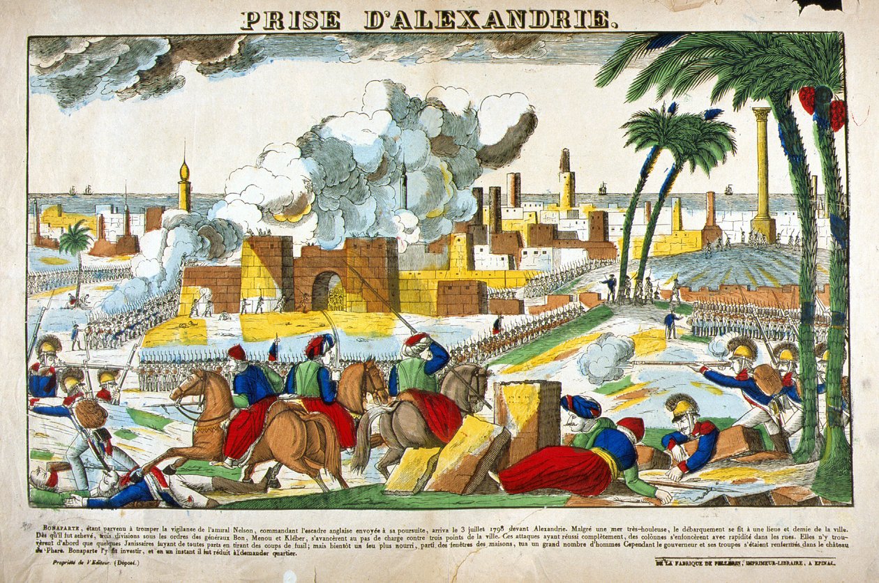 エジプト遠征（1798年〜1801年）。1798年7月、ナポレオン・ボナパルトの軍隊によるアレキサンドリアの占領。エピナルの写真 作： フランス語学校