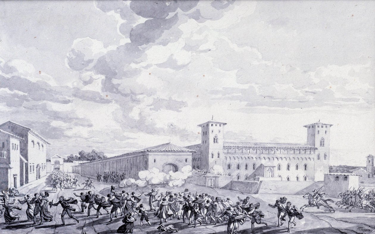 イタリアのキャンペーン：1796年5月、フランスの占領に対するパリ市の反乱の眺め。匿名のデッサン。パリ、ルーヴル美術館 作： フランス語学校