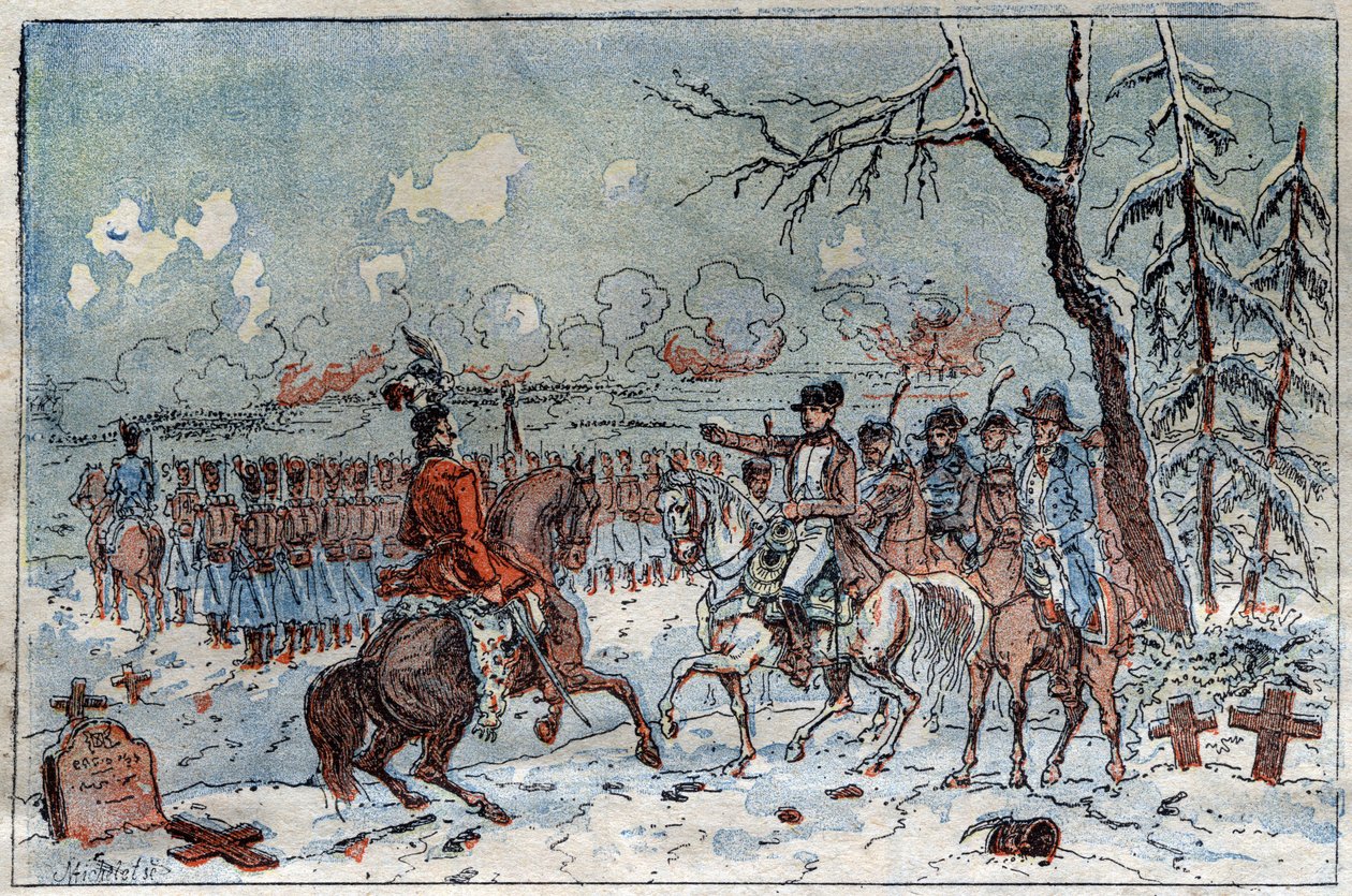 プロイセンとポーランドのキャンペーン（1806-1807年）。"ナポレオン1世（1769-1821）は、1807年8月2日のエラウの戦場で、ムラットにロシアの騎兵を撃退するよう命じた。19世紀のエングレーヴィング。 作： フランス語学校