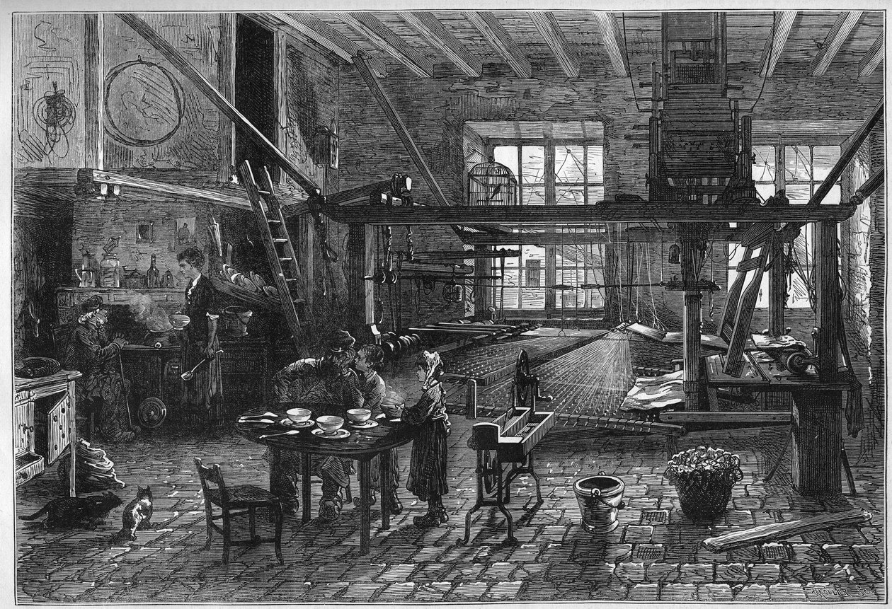 カヌート工房。19世紀末の危機にあったリヨンの絹織物工房の内部。1877年3月10日付「Le Monde Illustré」1039号に掲載された図版。 作： フランス語学校