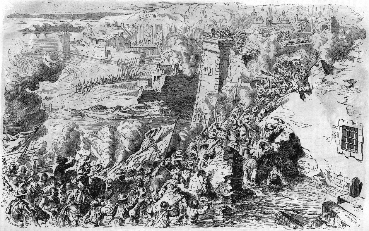 1590年のファルネーゼによるラグニーの攻略、古い版画による。Histoire Populaire de la France", sd. circa 1885.エングレーヴィング。 作： フランス語学校