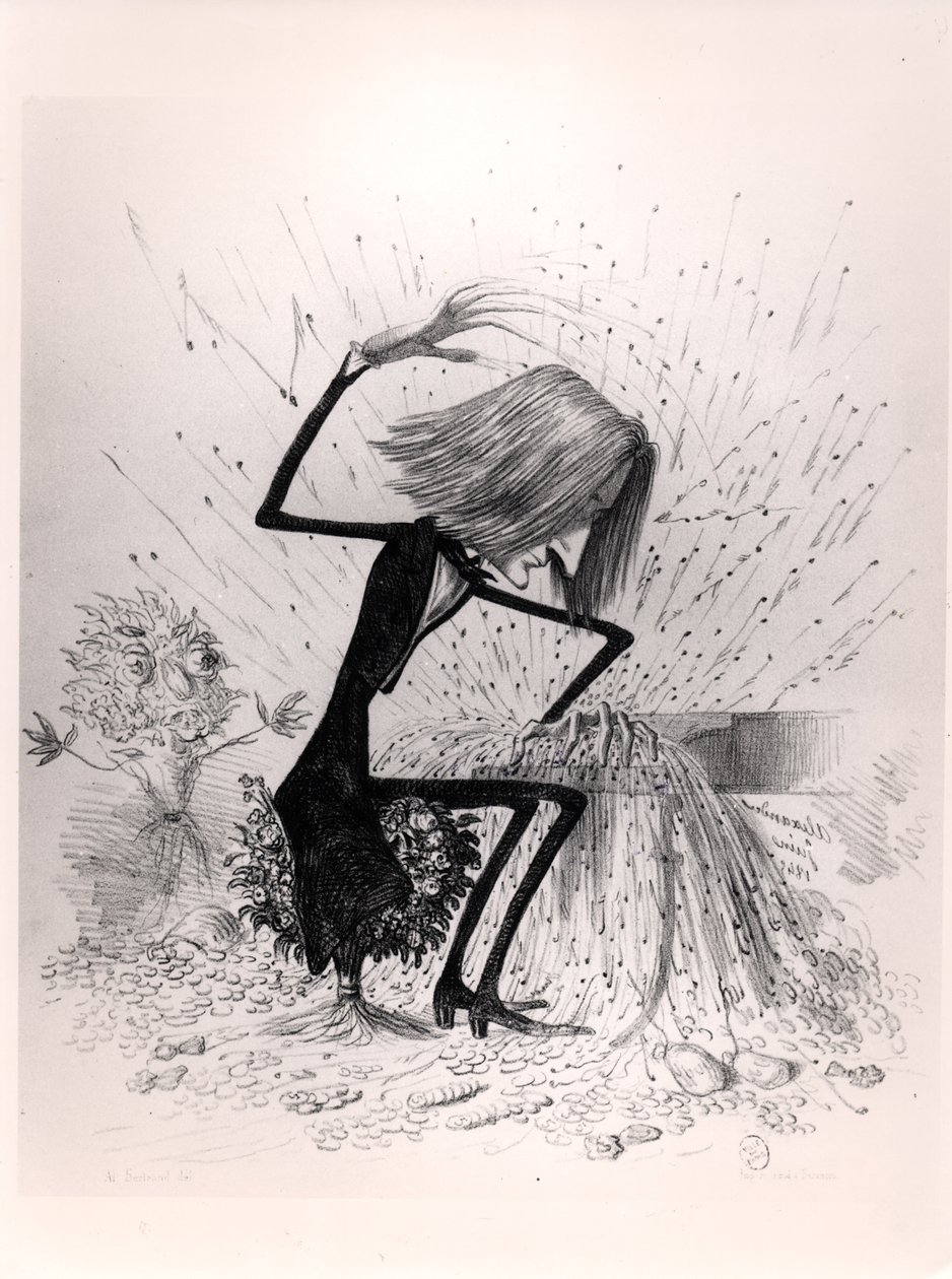 1845年にピアノを弾くフランツリスト（1811-86）を描いた風刺画 作： フランス語学校