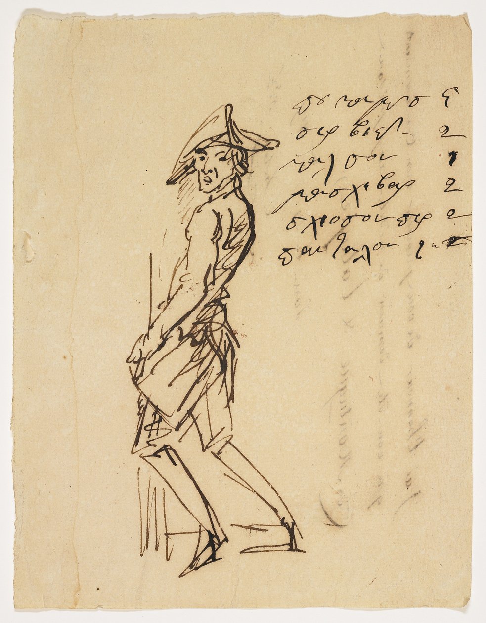 若い兵士の風刺画、1809（紙にペンと茶色のインク） 作： フランス語学校