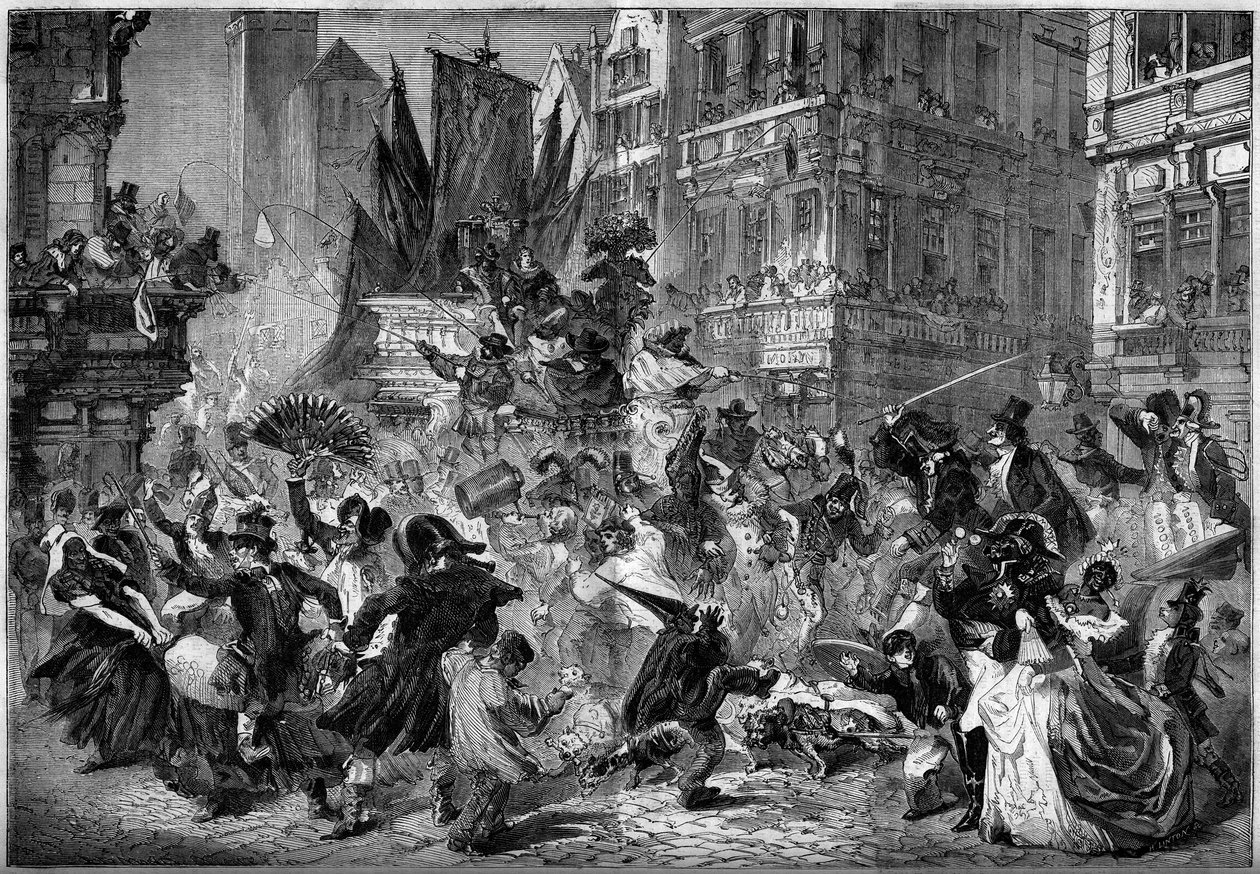 1860年、アントワープ（ベルギー）の街角でのカーニバルの様子。1860年3月3日付 "Le Monde Illustré "151号に掲載された版画。 作： フランス語学校