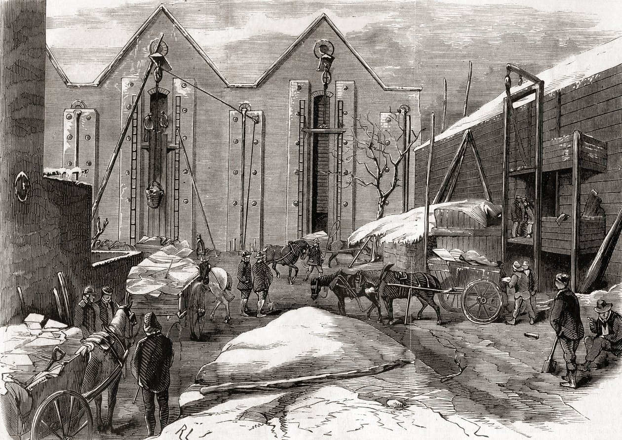 ロンドンのリンゼイ・ハウスにあるチャールズ氏の氷倉庫で氷を運ぶ荷車（1866年発行の「L