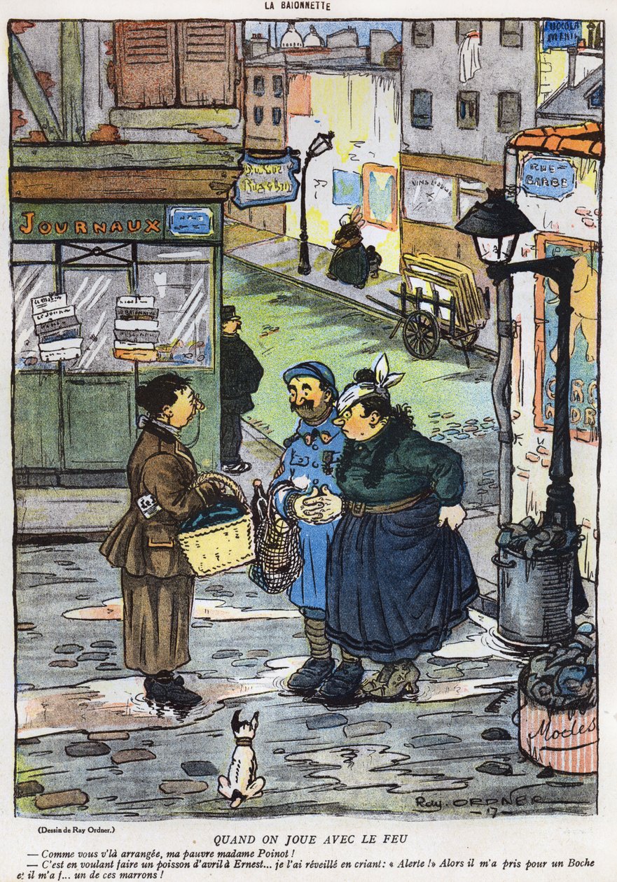 1917年3月29日、La Baionette誌のエイプリルフールデイ（ポアソンダヴリル）版から、妻が夫にいたずらを企てた結果を描いた漫画 作： フランス語学校