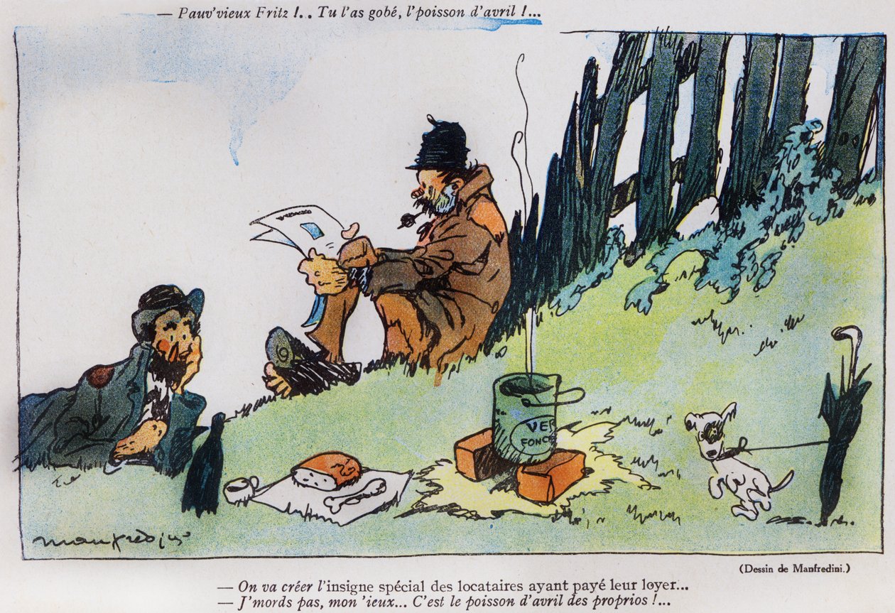 1917年3月29日、La Baionette誌のエイプリルフールデイ（ポアソンダヴリル）版からの2つの浮浪者を描いた漫画 作： フランス語学校
