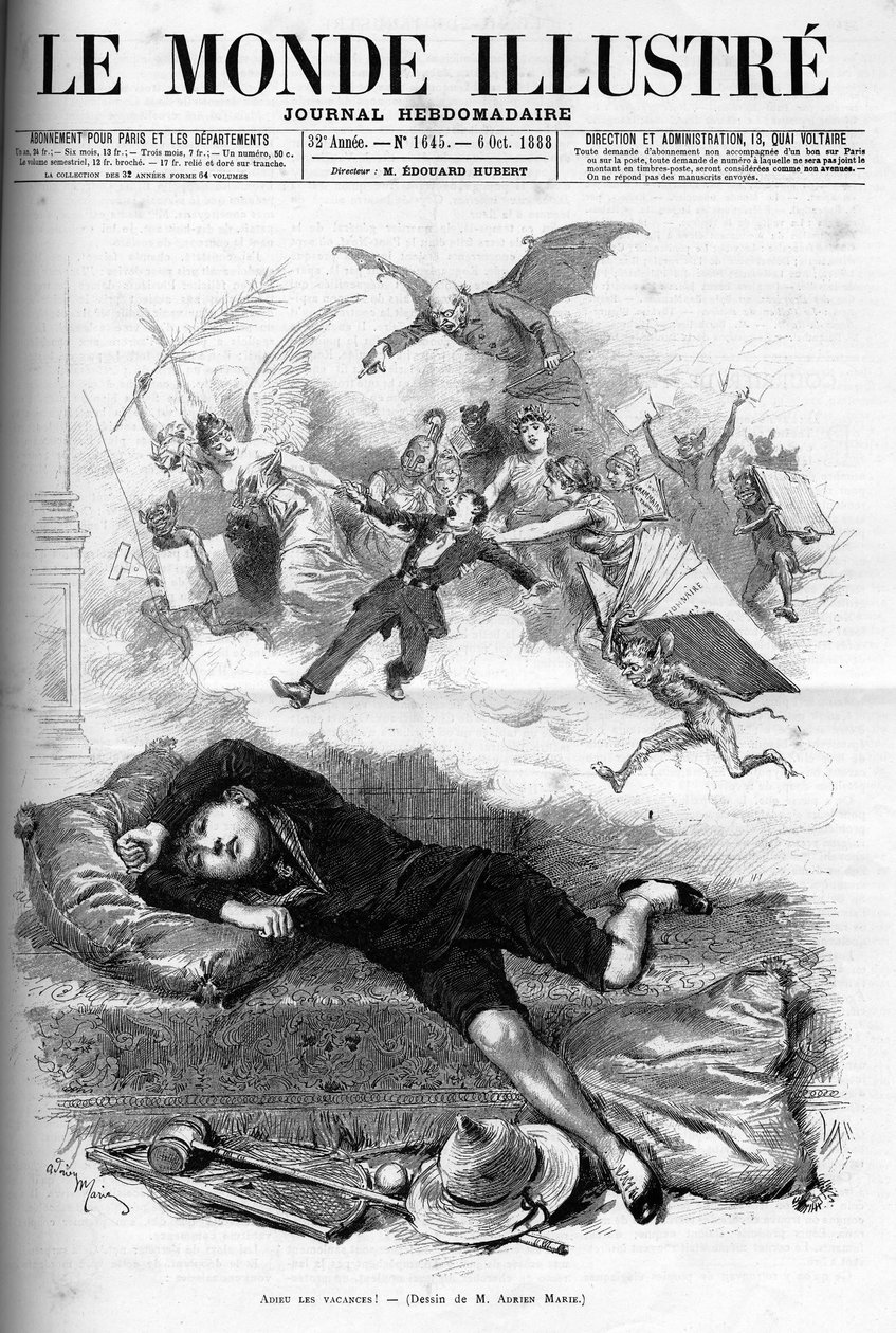 1888年のクラスレンタルに近づく休日の終わりから非難する若い小学生の漫画。 作： フランス語学校