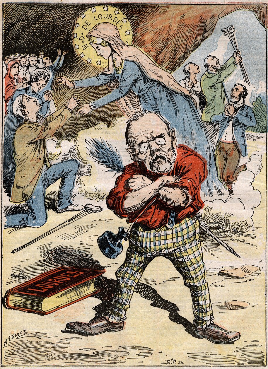 作家エミール・ゾラ（1840-1902）の漫画。彼は小説「ルルド」でこのテーマを批判したにもかかわらず、ルルドでの信者の献身に戸惑っている。8月30日付「ル・ペレラン」誌に掲載された版画 作： フランス語学校