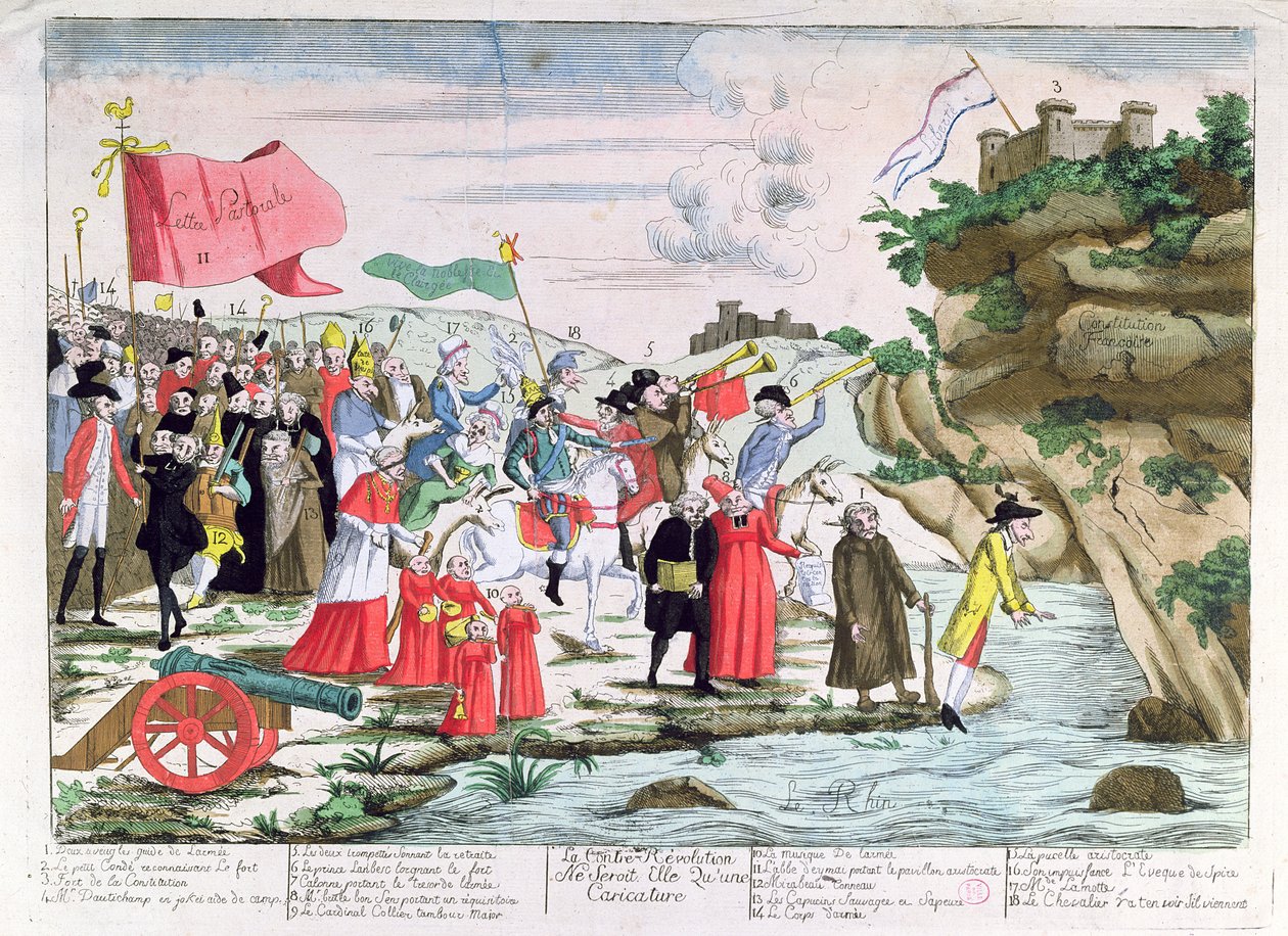 革命中にドイツに避難したフランスの聖職者や貴族を嘲笑する漫画、1792年 作： フランス語学校