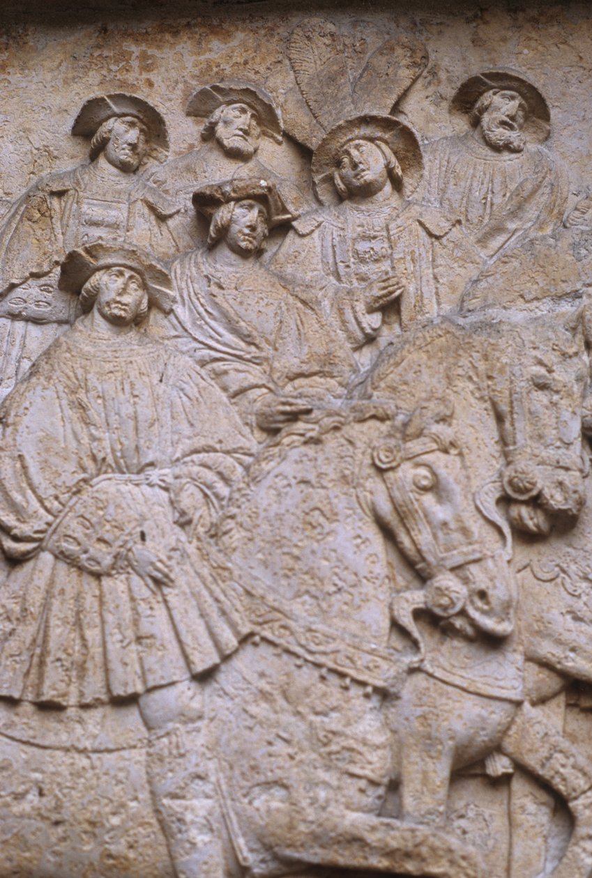 1501-37年、ノルマンディーのルーアンにあるHotel de BourgtherouldeのField of Cloth of Goldを描いた中庭に刻まれた石のレリーフ 作： フランス語学校