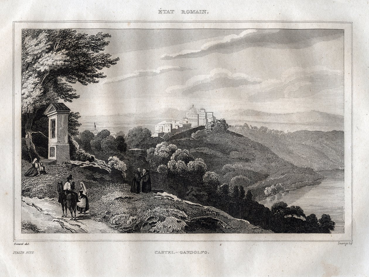カステル・ガンドルフォ - M. de Norvins, Ch. Nodier 1834-1836による "Picturesque Italy "からのエングレーヴィング。 作： フランス語学校