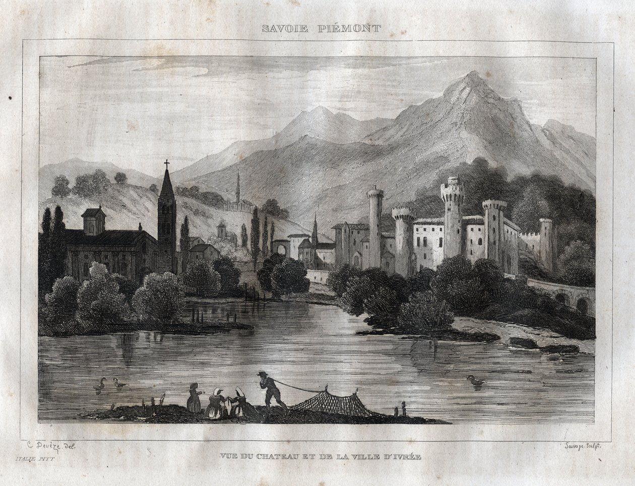 イヴレア城 - Castello di Ivrea - M. de Norvins, Ch. Nodier 1834-1836による "Picturesque Italy "からのエングレーヴィング。 作： フランス語学校