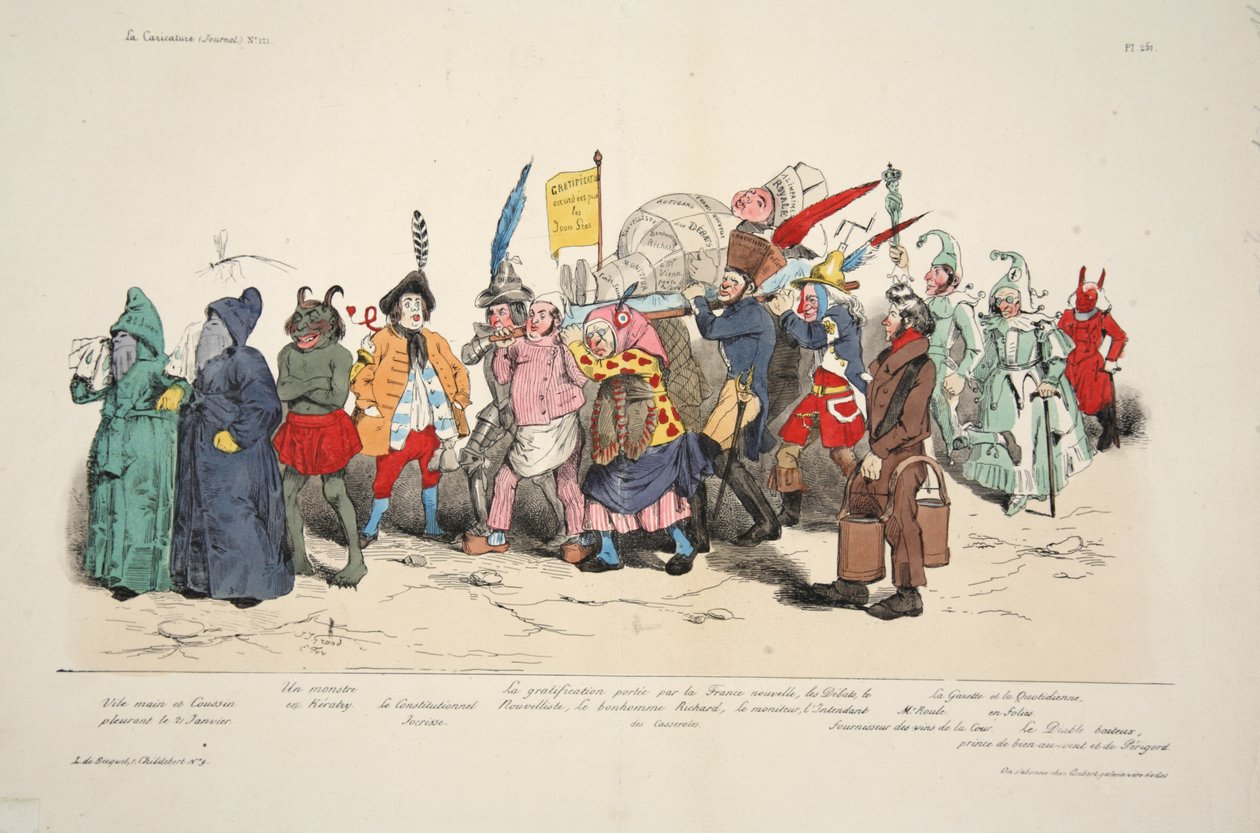 政治的枯れ葉の儀式』（『風刺画』より）。1833年（手彩色リトグラフ）。 作： フランス語学校