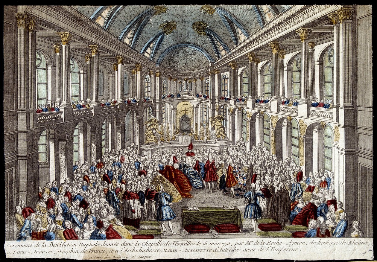 1770年5月16日にヴェルサイユ宮殿の礼拝堂で行われた、フランスのドルフィン家のルイ・オーギュスト（ルイ16世）とオーストリアのマリー・アントワネットによる花嫁の祝福の儀式 - 彫刻 作： フランス語学校