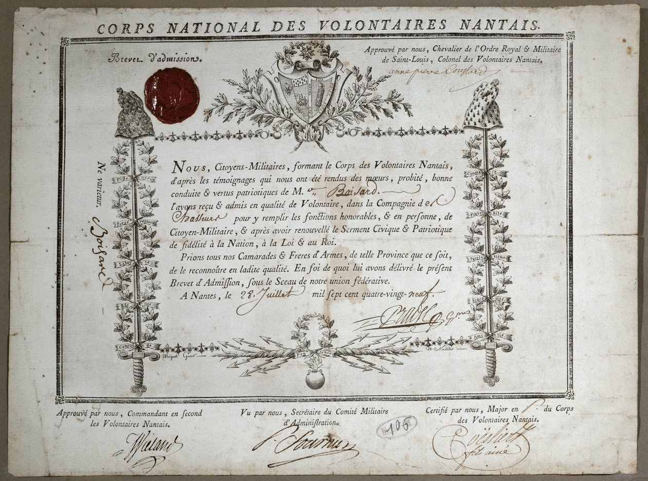 ナントのボランティアの国家警備隊への入場証明書、1789 作： フランス語学校