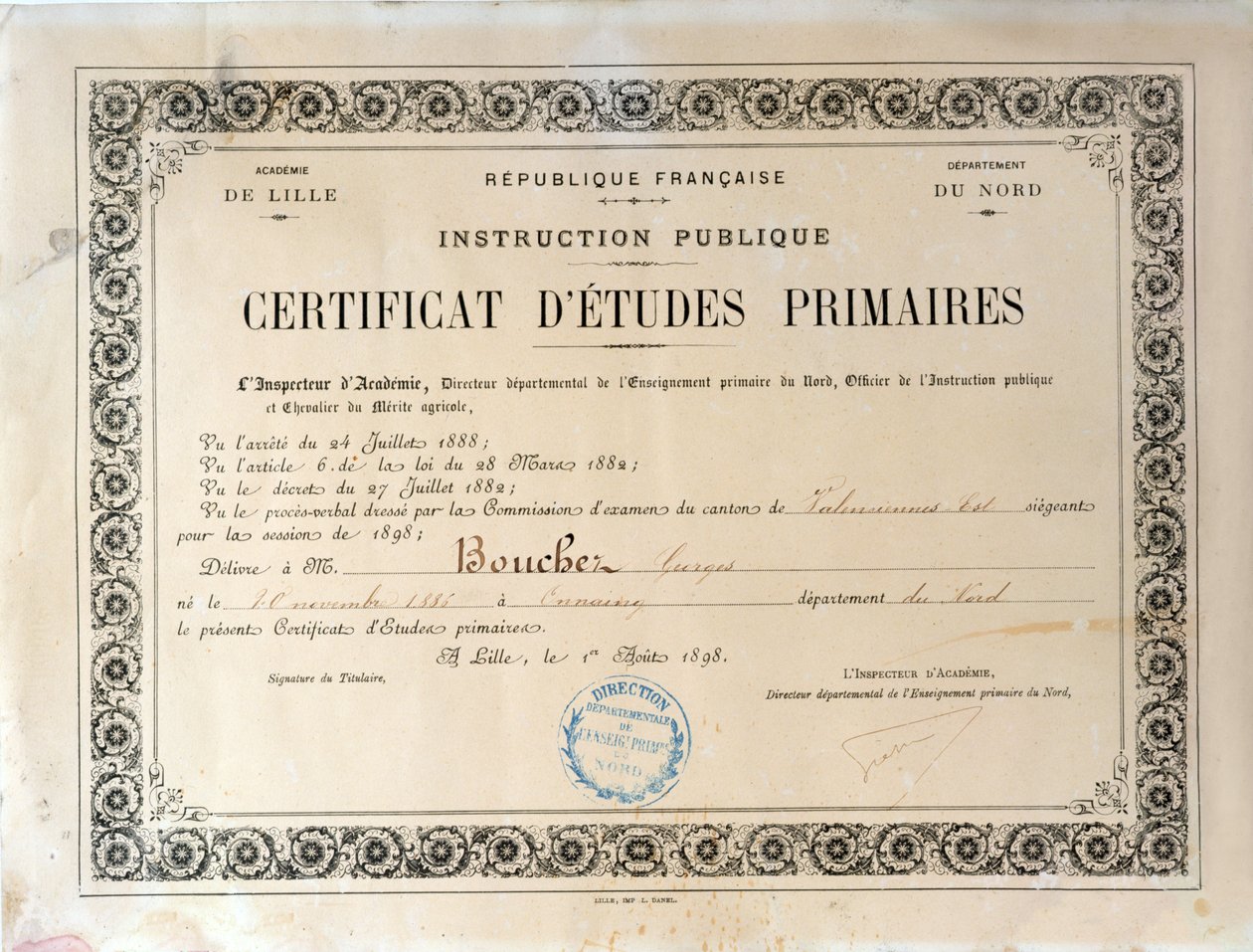 初等教育証明書、アカデミードゥリール、1898年（紙にインク） 作： フランス語学校
