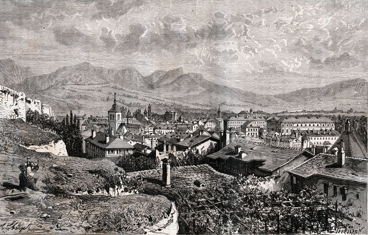 Chambery - Savoie - V.A. Malt-Brownによる「La France illustree: geography, history, statistical administration」に掲載された彫刻。1884 作： フランス語学校
