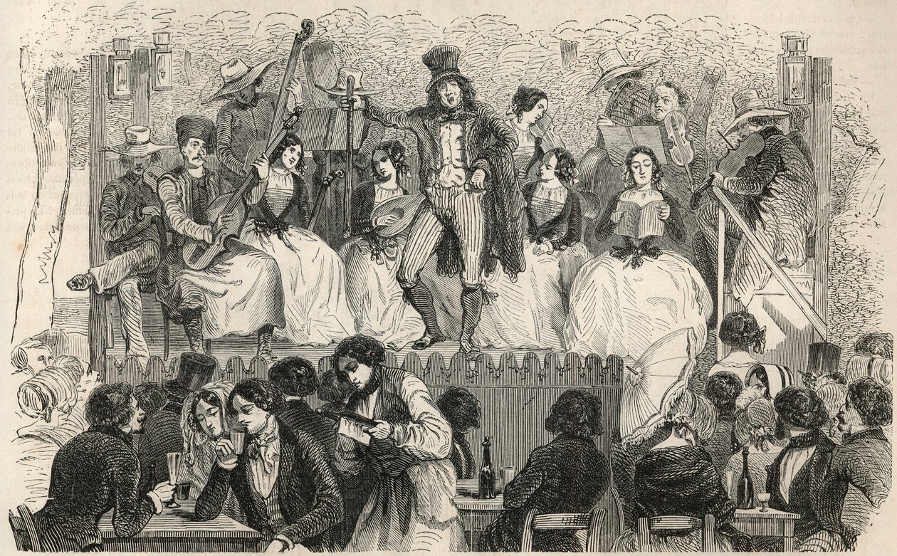 Champs-Elysees (シャンゼリゼ) - カフェMorelの前の歌手たち - Edmond Texier 1852年の「Tableau-de-Paris」に掲載されたエングレーヴィング 作： フランス語学校