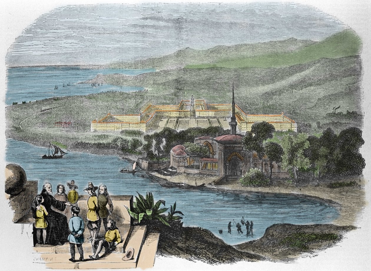 シャルル・フーリエ（1772-1837）、フランスの社会主義者：ファランステールの理想像を示す1848年のエングレーヴィング。 作： フランス語学校