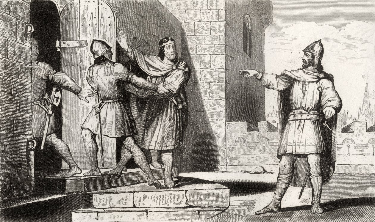 チャールズ3世（879-929）コラートの「フランスの歴史」から1人の兵士が捕らえたシンプルな囚人、1840年頃 作： フランス語学校