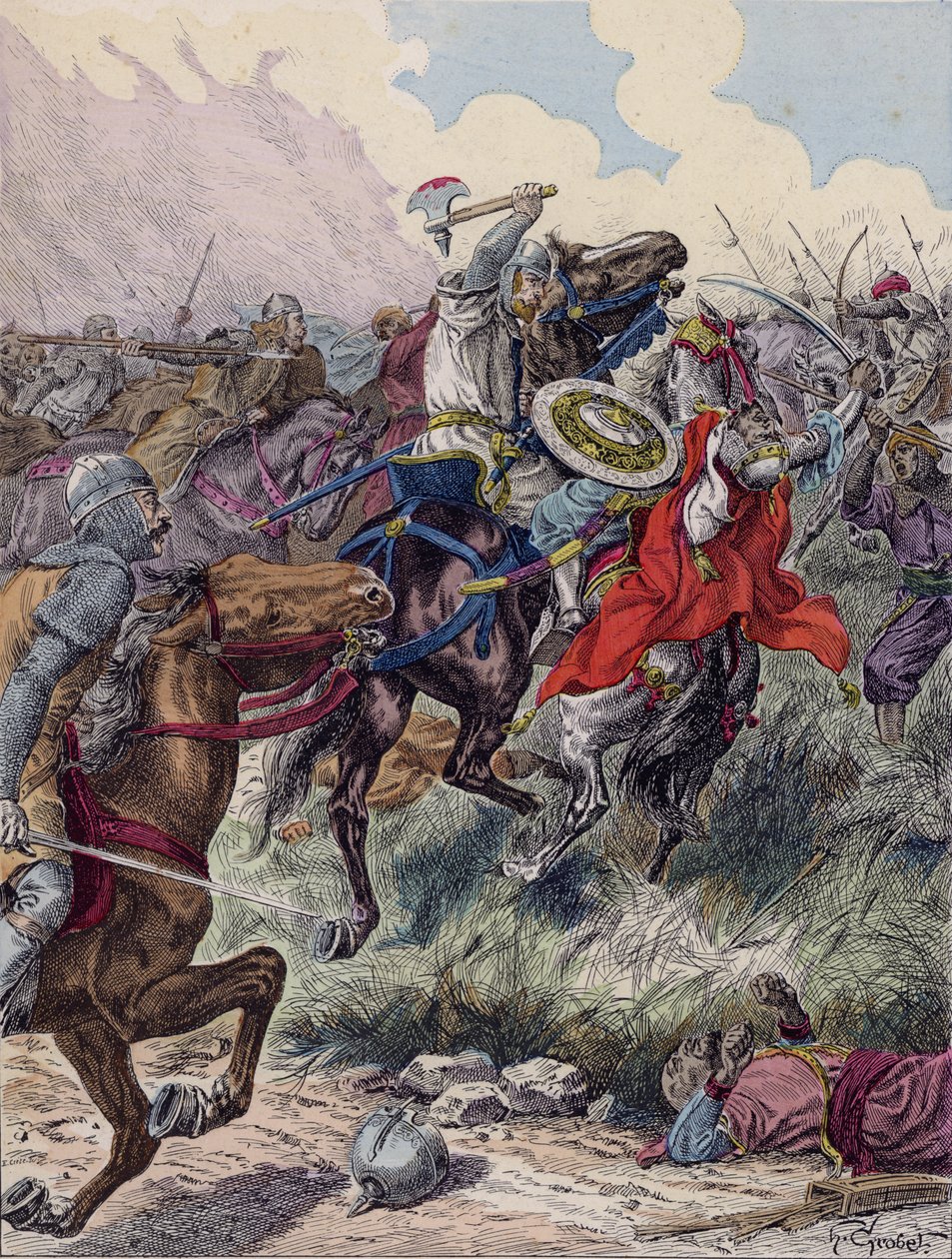 ポワチエの戦いにおけるシャルル・マルテル、732年（カラーリトグラフ） 作： フランス語学校