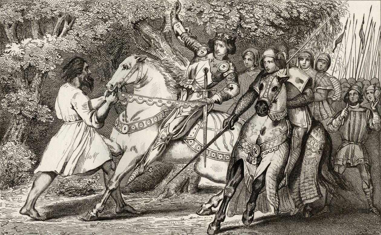 チャールズ6世（1368-1412）狂人は、1840年頃に出版されたコラートによる「フランスの歴史」から、アンジェ近くの森での待ち伏せについてアドバイスを受けています 作： フランス語学校