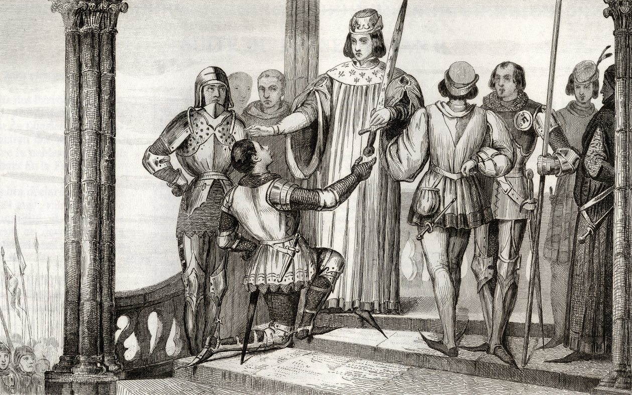 チャールズ5世（1358-80）ワイズは、1840年頃に出版されたコラートの「フランスの歴史」からデュゲサンに刀を差し出します 作： フランス語学校
