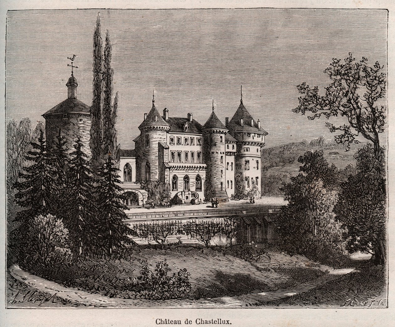 Chateau de Chastellux - Chastellux sur cure, Burgundy - V.-A. Malt-Brown著「La France illustree: Geography, History, statistical administration」に掲載されている彫刻。Malt-Brown著「La France illustree: geography, history, statistical administration」の版画。1884 作： フランス語学校
