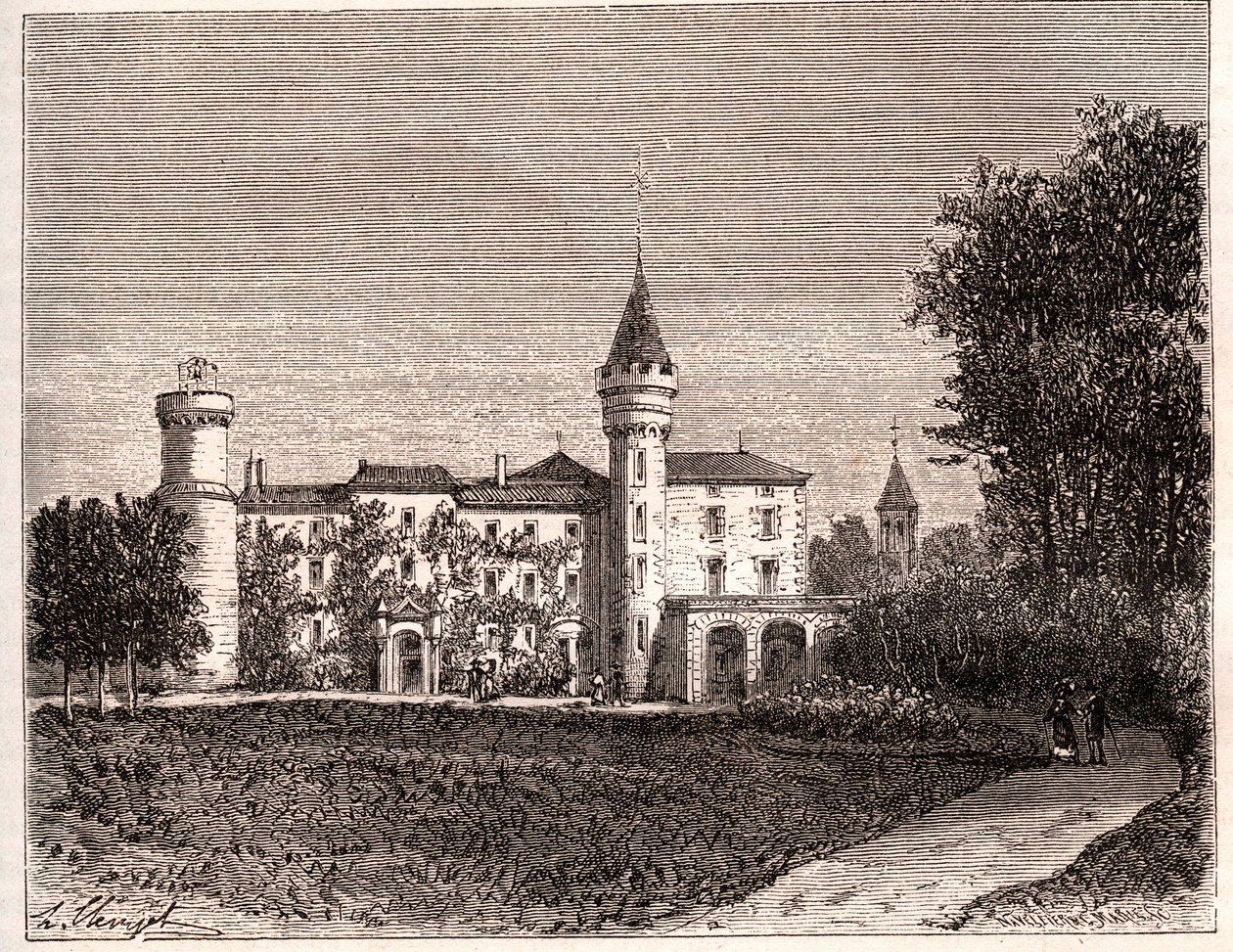 Chateau de Lamartine - 71520 Saint Point - V.A. Malt-Brown著「La France illustree: Geography, history, statistical administration」に掲載された彫刻。1884 作： フランス語学校