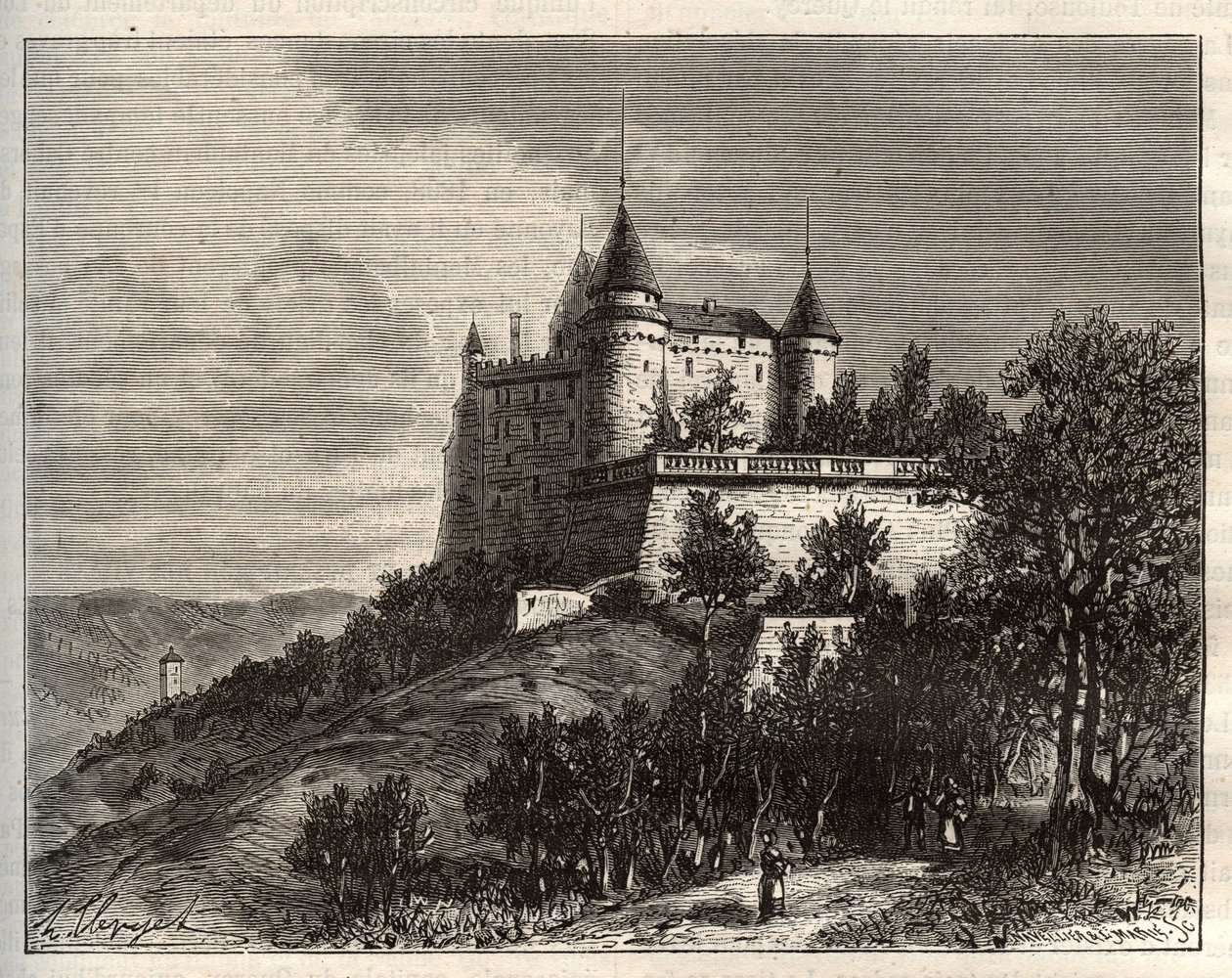 Chateau de Mercues - Cahors - V.A. Malt-Brownによる "La France illustree: Geography, History, statistical administration "に掲載された彫刻。1884 作： フランス語学校
