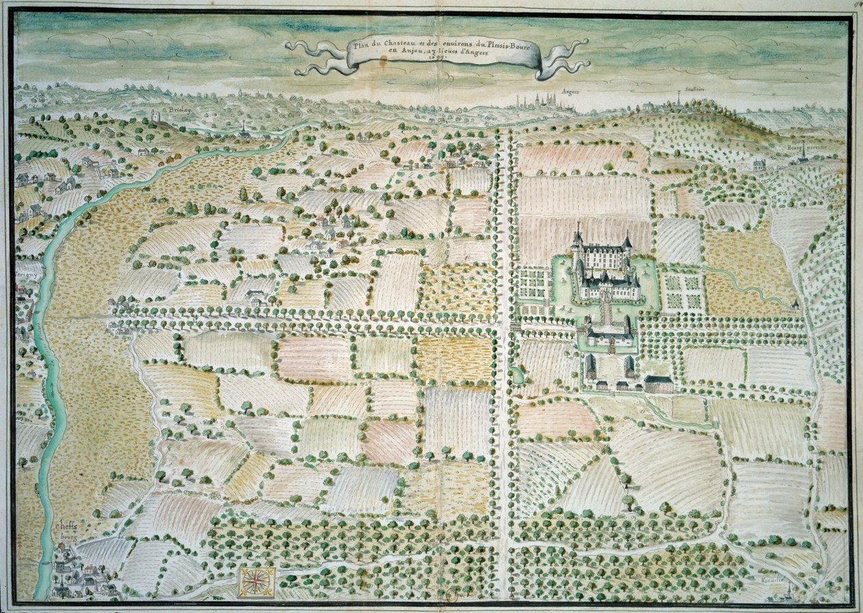 Chateaux de la Loire: "View of the chateau of Plessis Bourre" フランス派の水彩画である。1699年 パリ、B.N. 作： フランス語学校