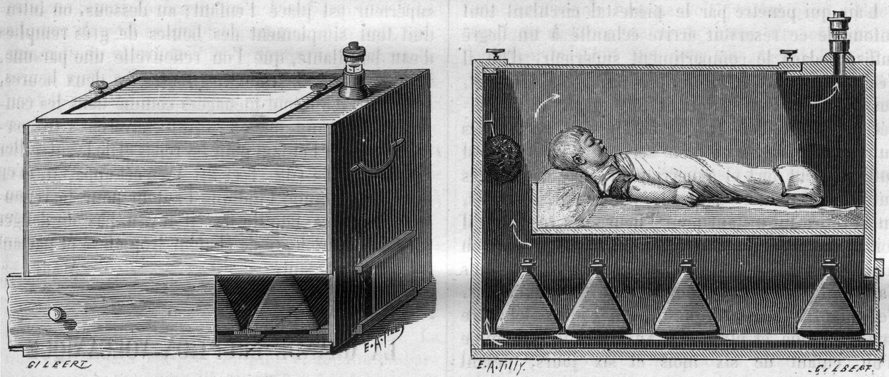 アルフレッド・オーバード博士（1855-1940）による、産科病棟で使用されていた装置を模した子供用保育器（左が外観、右が内部）。Revue des sciences et de ses applications aux arts et à l