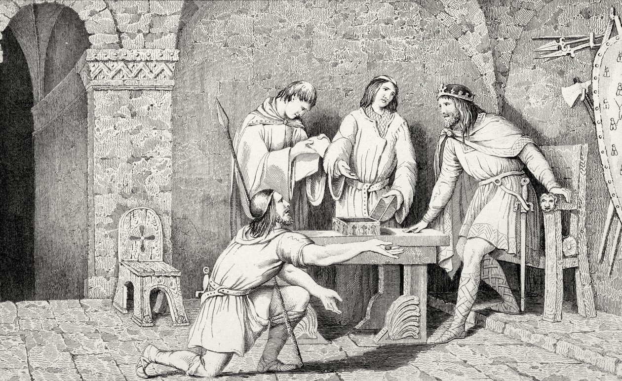 Childeric I（d.481）およびコラートの &39;Histoire de France&39;による金貨の2つの半分の物語、1840年頃出版 作： フランス語学校