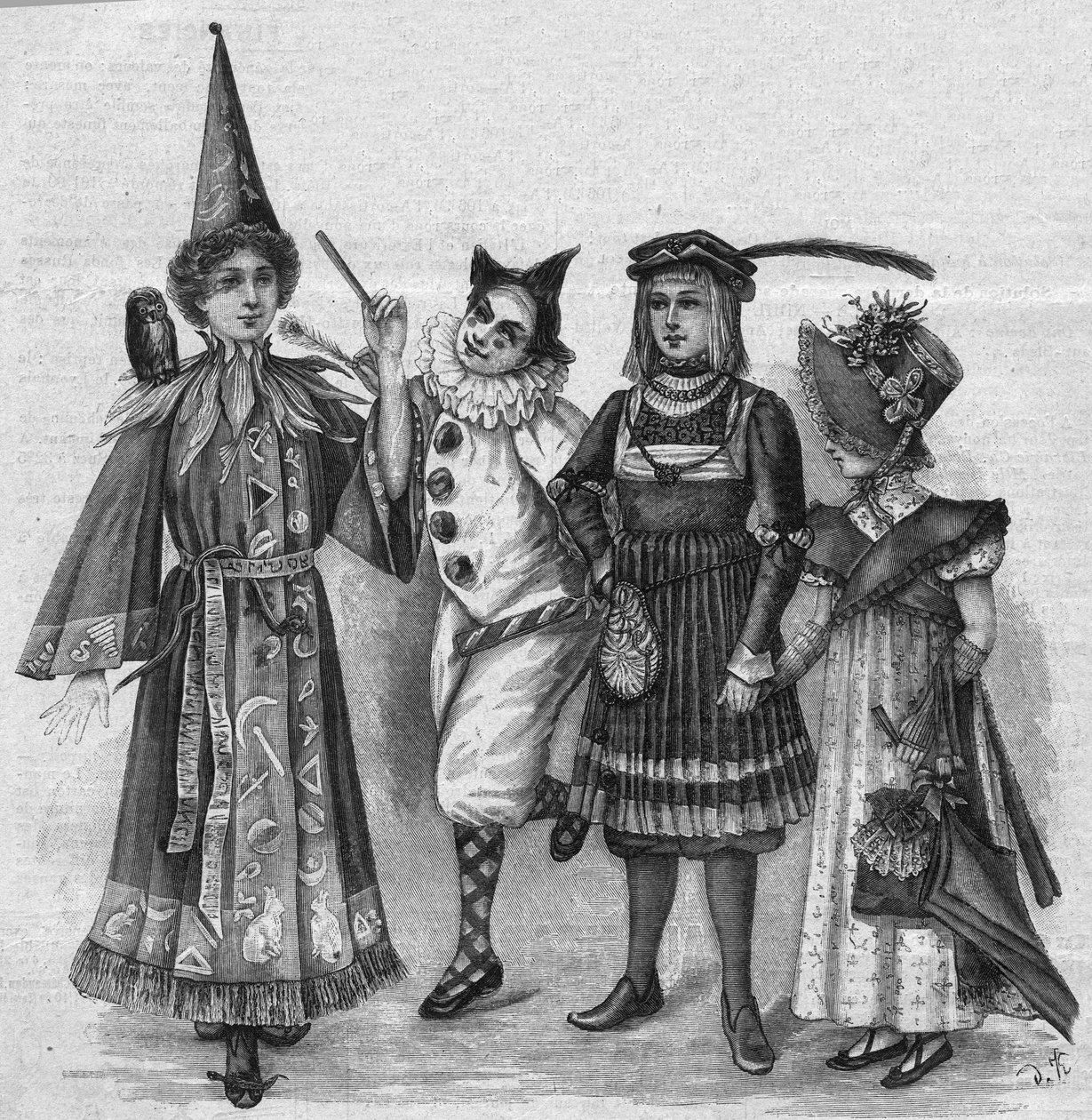 子供服：魔女のコスチューム、ピエロ、ページ、「エンパイア」など。1896年1月23日の「La gazette du dimanche」に掲載されたエングレーヴィング。 作： フランス語学校