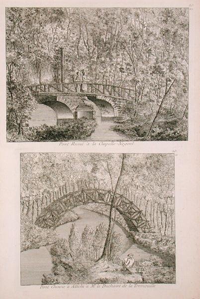ジョージ・ルイ・ル・ルージュ著「Jardins Anglo-Chinois a la mode」（1785年刊）より、アッティチの中国式橋。 作： フランス語学校