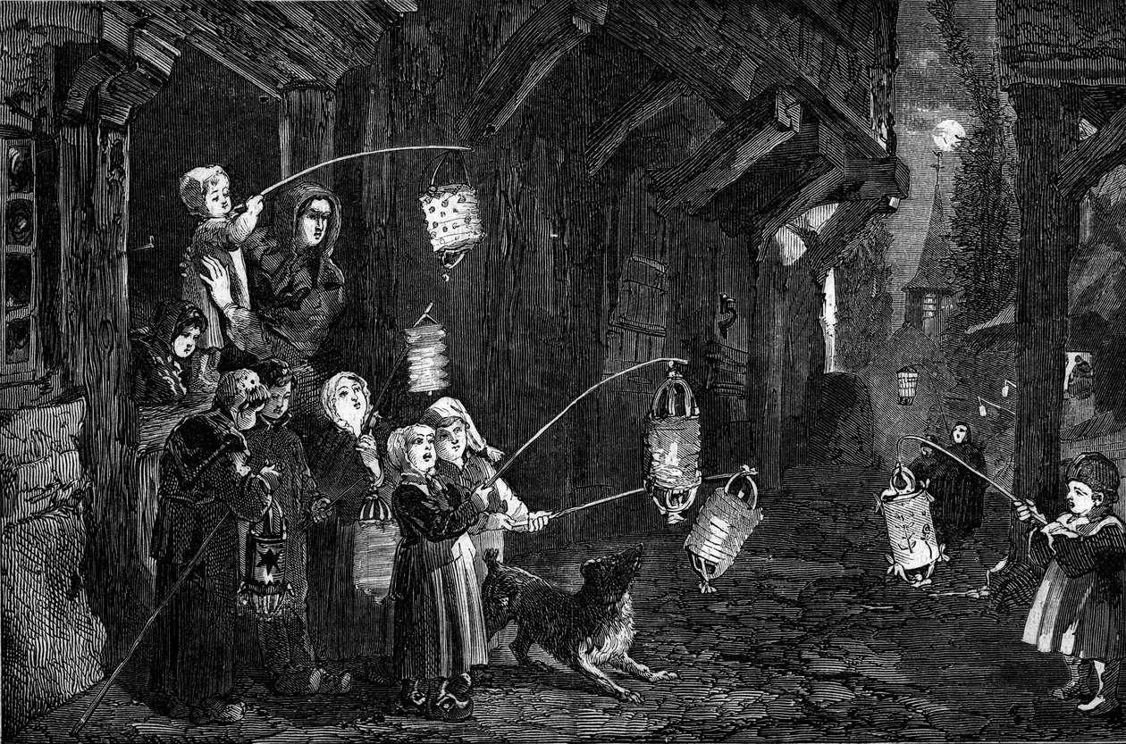 キリスト教の習慣 - エピファニー - 1860年：ノルマンディーの村の子供たちがランタンを持って通りを歩いている。1860年1月7日の "Le Monde Illustré "143号に掲載されたエングレーヴィング。 作： フランス語学校