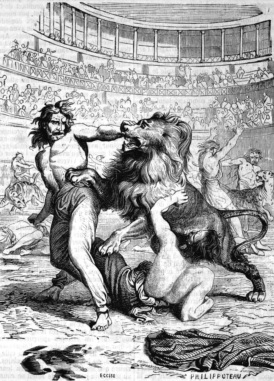 リヨンの円形劇場で獰猛な獣にさらされるキリスト教徒 - L.-P.の『Histoire de France』に掲載されています。アンケティル 作： フランス語学校