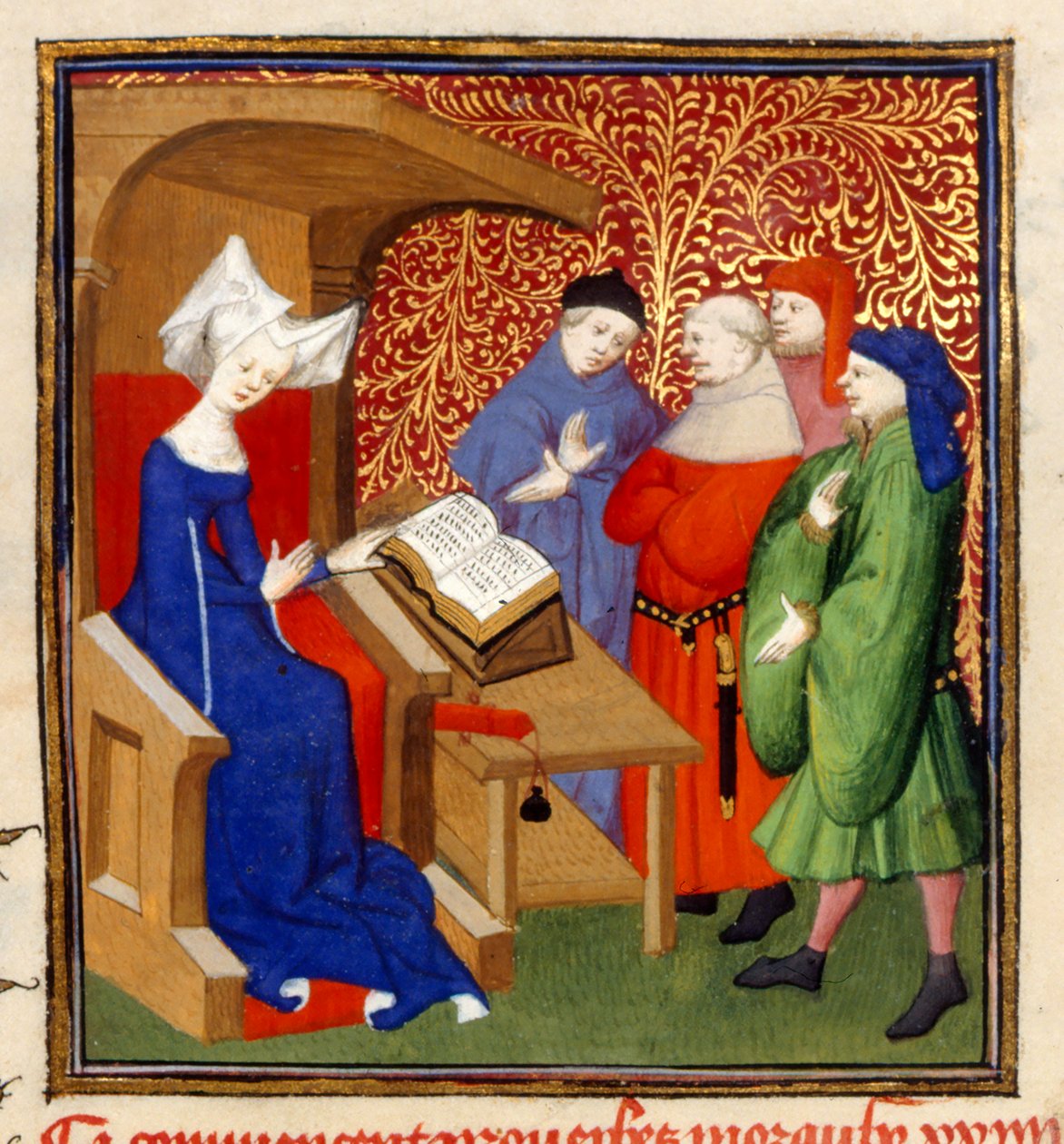 Christine instructing、MS Harley 4431、f.259v、フランス、c.1410-14（羊皮紙の色） 作： フランス語学校